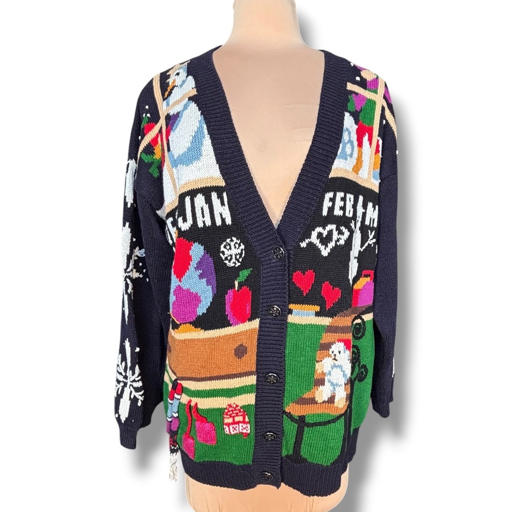 Susan Bristol Vintage Winter Calendar Cardigan Sweater XL Navy Blue Kitschy Art